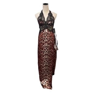 Frederick's of Hollywood Rosalina Rose Leopard lace Satin Gown with panties